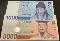 South Korea, 1.000 Won and 5.000 Won, 2006/2007, UNC, p54, p55, (Total 2 banknotes)
serial number: HJ 7599346L, BE 7184595H
Estimate: 15-30