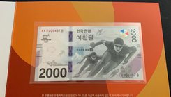 South Korea, 2.000 Won, 2018, UNC, pNew, FOLDER
2018 Olympic Winter Games Commemorative Banknote, serial number: AA 0209487B
Estimate: 20-40
