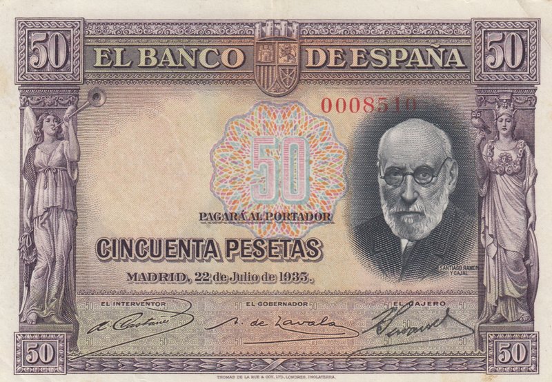 Spain, 50 Pesetas, 1935, XF, p88
serial number: 0008510
Estimate: 15-30