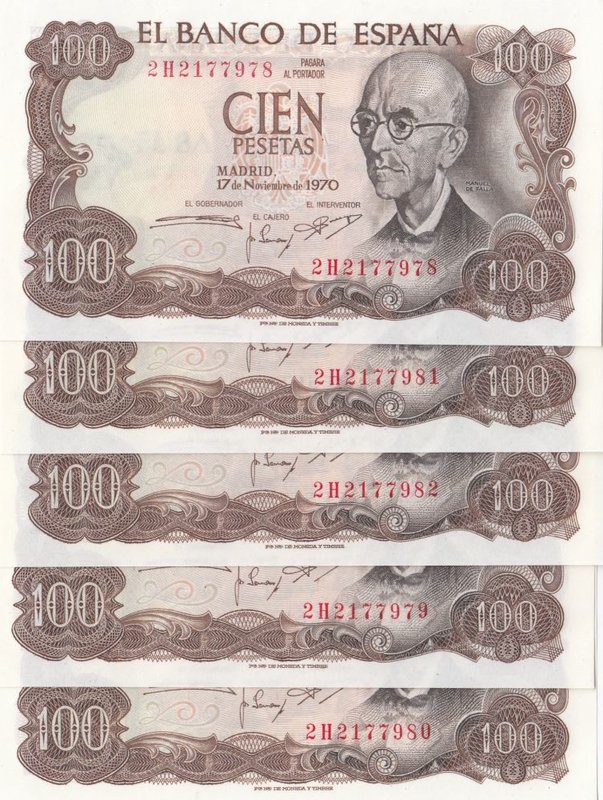 Spain, 100 Pesetas, 1970, UNC, p152, (Total 5 consecutive banknotes)
serial num...