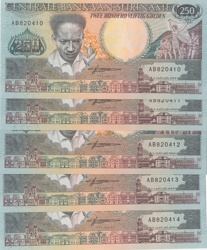 Suriname, 250 Gulden, 1988, UNC, p134, (Total 5 consecutive banknotes)
serial n...