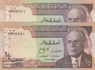 Tunisia, 1/2 Dinar, 1972, UNC, p66, "Low Serial numbers"i (Total 2 consecutive banknotes)
serial numbers: A/1 000624-5
Estimate: 60-120