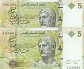 Tunisia, 5 Dinars, 2013, UNC, p95, (Total 2 banknotes)
serial numbers: C/3 1268802 and C/4 8063586
Estimate: 15-30