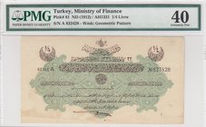 Turkey, Ottoman Empire, 1/4 Lira, 1916, XF, p81
PMG 40, serial number: A 833428, V. Mehmed Reşad period, AH: 22 December 1331, signs: Talat / Hüseyin...