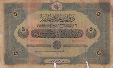 Turkey, Ottoman Empire, 5 Lira, 1916, POOR, p91, Talat / Hüseyin Cahid
V. Mehmed Reşad period, AH: 6 August 1332, sign: Talat/ Hüseyin Cahid, serial ...