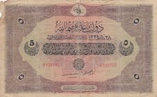 Turkey, Ottoman Empire, 5 Lira, 1918, POOR, p109b, Cavid/ Hüseyin Cahid
VI. Mehmed Vahdeddin period, AH: 28 March 1334, sign: Cavid/ Hüseyin Cahid, s...