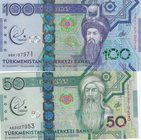 Turkmenistan, 50 Manat and 100 Manat, 2017, UNC, P40, P41, (Total 2 Banknotes)
Serial Numbers: AB 3027953 and AB 6187971, commemoretive issue
Estima...