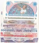 Uganda, 5 Shilings (2), 50 Shilings, 100 Shilings, 500 Shilings, 1000 Shilings and 5000 Shilings, 1986, UNC, (Total 7 banknotes)
Estimate: 10.-20