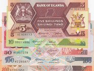 Uganda, 5 Shilings, 10 Shilings, 50 Shilings, 100 Shilings and 200 Shilings, 1987/1997, UNC, (Total 5 banknotes)
Estimate: 10.-20