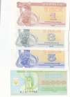 Ukraine, 1 Karbovanets, 3 Karbovantsi, 5 Karbovantsi and 10.000 Karbovantsi, 1991/1998, UNC, p81, p82, p83, p94, (Total 4 banknotes)
Estimate: 10.-20