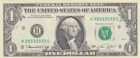 United States of America, 1 Dollar, 1974, UNC, p455, 6 DIGIT RADAR
serial number: H 39333333 C
Estimate: 75-150