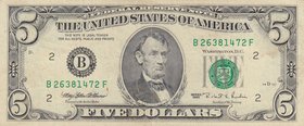 United States Of America, 5 Dollars, 1995, XF (+), p498
serial number: B 26381472F
Estimate: 10.-20