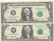 United States of America, 1 Dollar, 1999, UNC, p504, TWİN NUMBERS, (Total 2 bannotes)
serial numbers: F 00009897D and F 00009897 C
Estimate: 25-50
