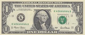 United States of America, 1 Dollar, 2001, UNC, p509, 6 DIGIT RADAR
serial number: K 40444444 A
Estimate: 75-150