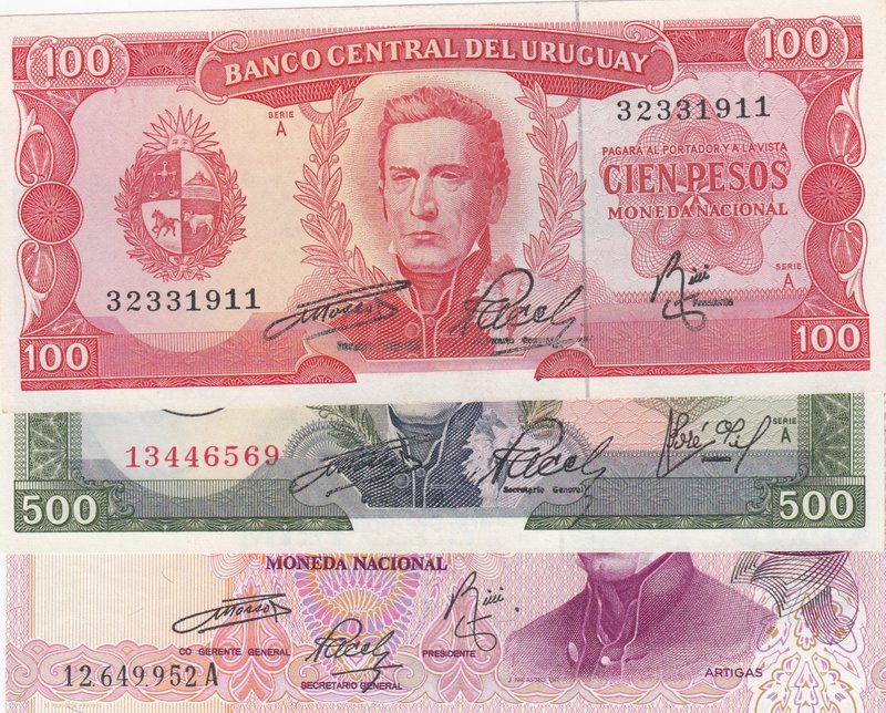 Uruguay, 100 Pesos, 500 Pesos and 1.000 Pesos, 1967/1975, UNC, p47a, p54, p52, (...