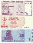 Zimbabwe, 20 Dollars, 500.000.000 Dollars and 500.000.000.000 Dollars, 2008/2009, UNC, p60, p82, p95, (Total 3 banknotes)
serial numbers: AA0264227, ...