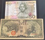 Mix Lot, 2 banknotes in different condition
China, 10 Yen, 1939, VF; Sweden, 50 Kronor, 2011, XF
Estimate: 25-50