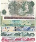 Mix lot, Total 6 "QUEEN ELIZABETH II" banknotes lot
Great Britain, 1 Pound, 1970, Unc; New Zealand, 1 Dollar, 1989, Unc; Fiji, 2 Dollars, 2002, Unc; ...