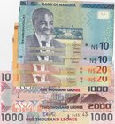 Mix Lot, 8 banknotes in whole UNC condition
Sierre Leone 1000 Leones (2), Sierre Leone 2000 Leones, Namibia 10 Dollars (3), Namibia 20 Dollars (2)
E...