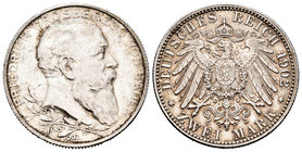 Germany. Baden. Friedrich I. 2 marcos. 1902. (Km-251). Ag. 11,09 g. 50º Aniversario del reinado. XF. Est...30,00.