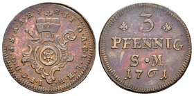Germany. Mainz. Johann Friedrich Karl. 3 pfennig. 1761. (Km-329). Ae. 3,67 g. VF. Est...25,00.