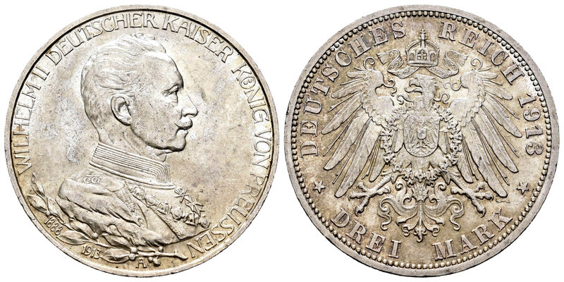 Germany. Prussia. Wilhelm II. 3 marcos. 1913. Berlin. A. (Km-535). Ag. 16,69 g. ...