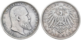 Germany. Wurttemberg. Wilhelm II. 5 marcos. 1895. Freudenstadt. F. (Km-632). Ag. 27,52 g. Cleaned. Almost VF/VF. Est...40,00.