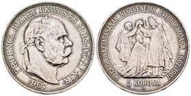 Austria. Franz Joseph I. 5 coronas. 1907. Kremnitz. (Km). Ag. 23,92 g. 40º Aniversario de la coronación. Choice VF. Est...50,00.