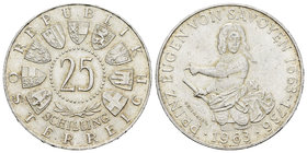 Austria. 25 schillings. 1963. (Km-2893). Ag. 13,03 g. 300º Aniversario del nacimineto del príncipe Eugen. AU. Est...15,00.