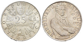 Austria. 25 schillings. 1966. (Km-2899). Ag. 13,00 g. 130º Aniversario de la muerte de Ferdinand Raimund. Almost UNC. Est...15,00.