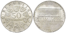 Austria. 50 schillings. 1966. (Km-2900). Ag. 20,12 g. 150º Aniversario del Banco Nacional. Rayas en reverso. Almost UNC. Est...18,00.