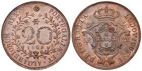 Azores. Luis I. 20 reis. 1865. (Km-15). (Gomes-03.02). Ae. 11,89 g. Leyenda separada por puntos. Restos de brillo original. AU. Est...60,00.