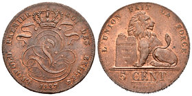 Belgium. Leopold I. 5 cent. 1837. (Km-5.1). Ae. 9,59 g. Restos de color original. Almost XF. Est...70,00.