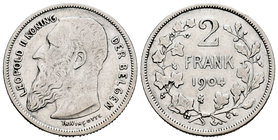 Belgium. Leopold II. 2 francos. 1904. (Km-59). Ag. 9,89 g. Escasa. Almost VF. Est...18,00.
