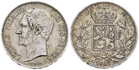 Belgium. Leopold I. 5 francos. 1865. (Km-24). (Duplessy-959). Ag. 24,95 g. Choice VF. Est...40,00.