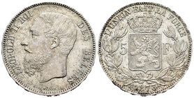 Belgium. Leopold II. 5 francos. 1873. (Km-24). Ag. 24,94 g. XF. Est...50,00.