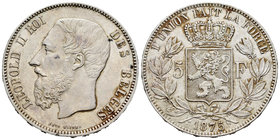 Belgium. Leopold II. 5 francos. 1875. (Km-24). Ag. 24,94 g. Minor contact marks. AU. Est...50,00.
