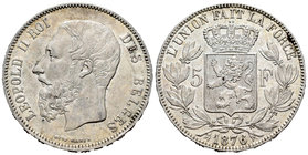 Belgium. Leopold II. 5 francos. 1876. (Km-24). Ag. 24,90 g. Pequeña raya en anverso. XF. Est...50,00.
