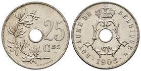 Belgium. Leopold II. 25 céntimos. 1908. (Km-62). 6,48 g. Leyenda en francés. AU. Est...18,00.