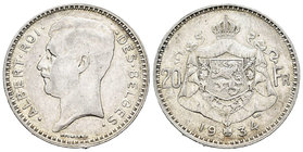 Belgium. Albert I. 20 francos. 1934. (Km-103.1). Ag. 11,01 g. DES BELGES. VF. Est...25,00.