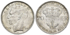 Belgium. Leopold III. 20 francos. 1935. (Km-105). Ag. 10,96 g. Choice VF. Est...25,00.