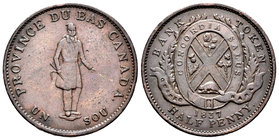 Canada. 1 sous - 1/2 penny token. 1837. (Km-Tn10). Ae. 9,36 g. Choice VF/Almost XF. Est...40,00.