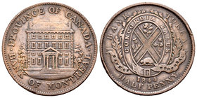 Canada. 1/2 penny token. 1844. Montreal. (Km-Tn18). Ae. 9,28 g. Bank of Montreal. Golpes en canto. Choice VF. Est...45,00.