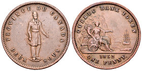 Canada. 2 sous - penny token. 1852. (Km-Tn21). Ae. 18,86 g. Quebec Bank Token. Choice VF. Est...30,00.