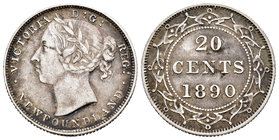 Canada. Victoria Queen. 20 cent. 1890. London. New Foundland. (Km-4). Ag. 4,69 g. Choice VF. Est...50,00.