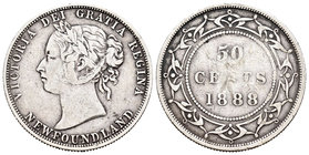Canada. Victoria Queen. 50 cents. 1888. New Foundland. (Km-6). Ag. 11,54 g. Tirada de 20.000 piezas. Roces en reverso. VF. Est...60,00.