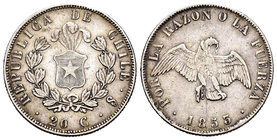 Chile. 20 centavos. 1853. Santiago. (Km-125). Ag. 4,94 g. VF. Est...40,00.