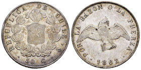 Chile. 50 centavos. 1862. Santiago. (Km-128). Ag. 12,34 g. Almost XF/Choice VF. Est...50,00.