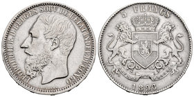 Congo Belge. Leopold II. 5 francos. 1896. (Dupriez-119). (Km-8.1). Ag. 24,87 g. Minor nicks on edge. Rare. Choice VF. Est...450,00.