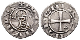 Crusaders. Bohemund III. Dinero. (1163-1201). Antioch. Anv.: +BOAHVNDVS. Cabeza con casco a izquierda entre estrella y creciente. Rev.: +AMTIOCHIA. Cr...